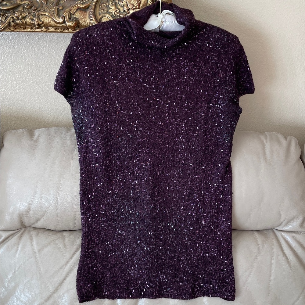 Donna Karan Signature Cashmere Sequins Knit Top Blouse Turtleneck - Picture 7 of 11